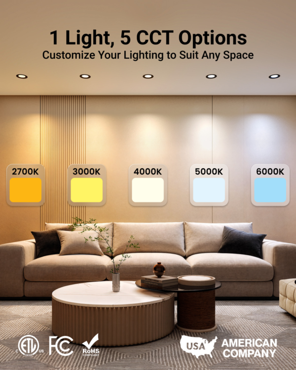 Recessed LED Lighting, 4 Inch, Black, Slim, Baffle Trim, Selectable CCT, 700 Lumens