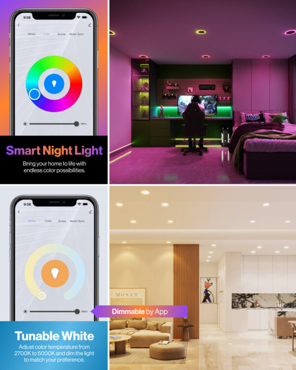 Recessed LED Lighting, 4 Inch, Smart Night Light Slim, Wafer Thin, Smooth Trim, Selectable CCT, 800 Lumens