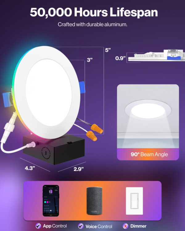 Recessed LED Lighting, 4 Inch, Smart Night Light Slim, Wafer Thin, Smooth Trim, Selectable CCT, 800 Lumens