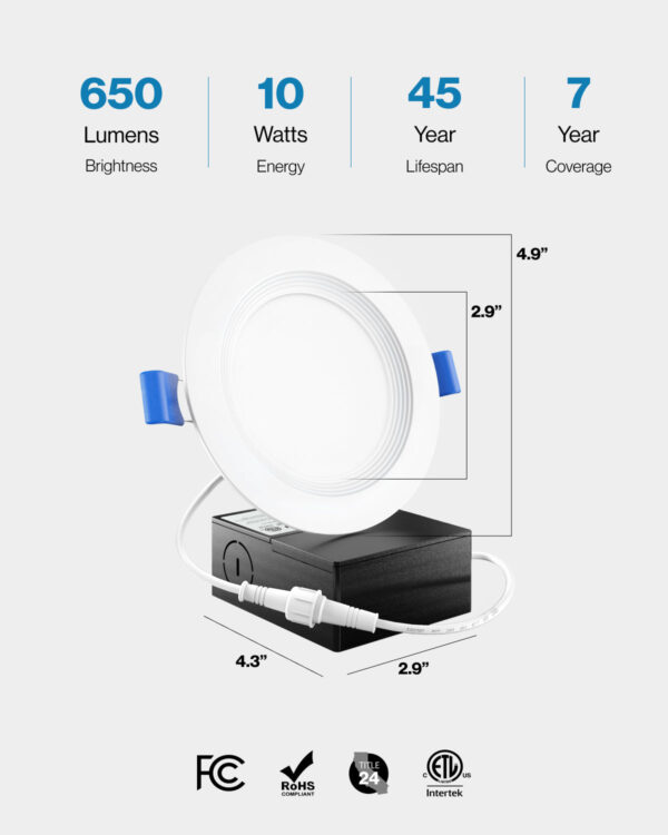 Recessed LED Lighting, 4 Inch, Slim, Wafer Thin, Baffle Trim, 650 Lumens