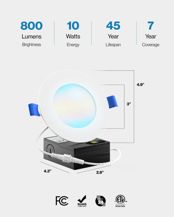 Recessed LED Lighting, 4 Inch, High Lumen Slim, Wafer Thin, Smooth Trim, Selectable CCT, 800 Lumens