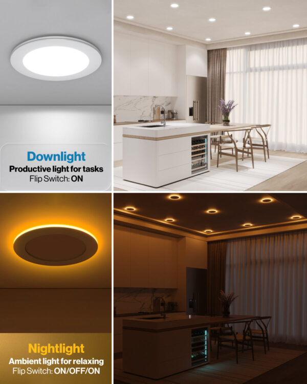 Recessed LED Lighting, 4 Inch, Slim, Wafer Thin, Night Light, Selectable CCT (2700K-6000K), 900 Lumens