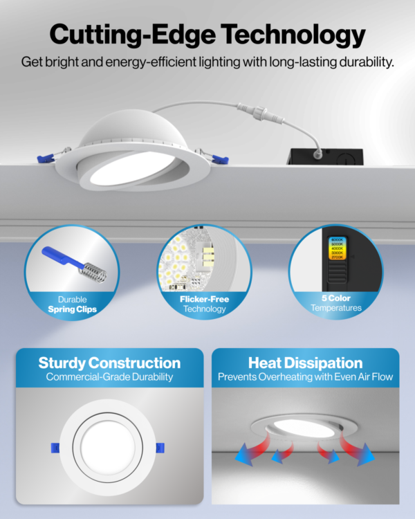 Recessed LED Lighting, 6 Inch, Slim Eyeball Gimbal, Selectable CCT, 1350 Lumens