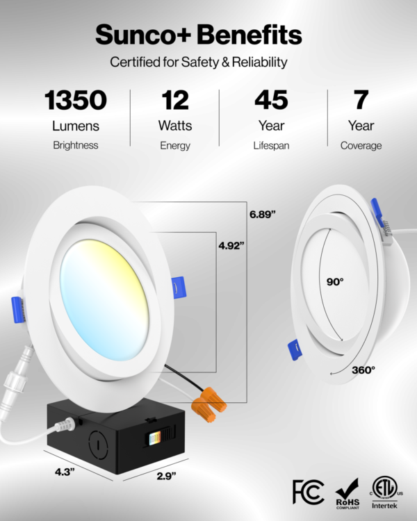 Recessed LED Lighting, 6 Inch, Slim Eyeball Gimbal, Selectable CCT, 1350 Lumens